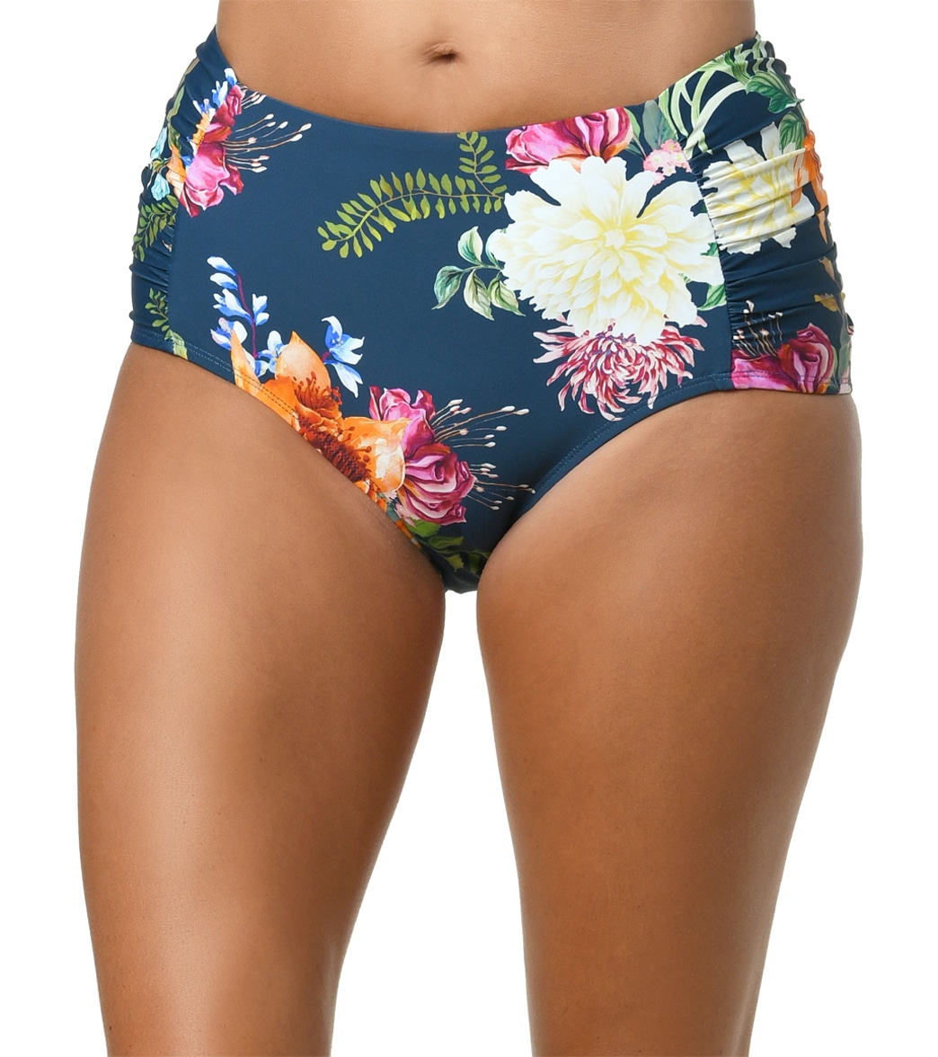 Jantzen Women's Floral Enchantment Side Shirred Comfort Core Bikini Bottom - Azure 8 Elastane/Polyamide - Swimoutlet.com