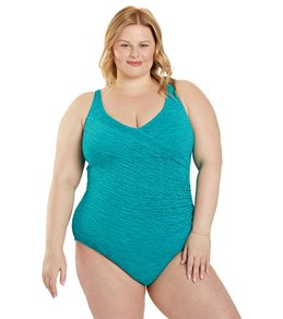 Penbrooke Krinkle Plus Size Chlorine Resistant Mock Surplice One Piece Swimsuit