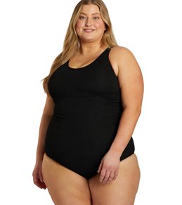 Sporti Plus Size Textured Chlorine Resistant High Neck One Piece Slimsuit