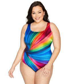 Longitude Plus Size Twisted Ways Panel Scoop Neck Tank Long Torso One Piece Swimsuit
